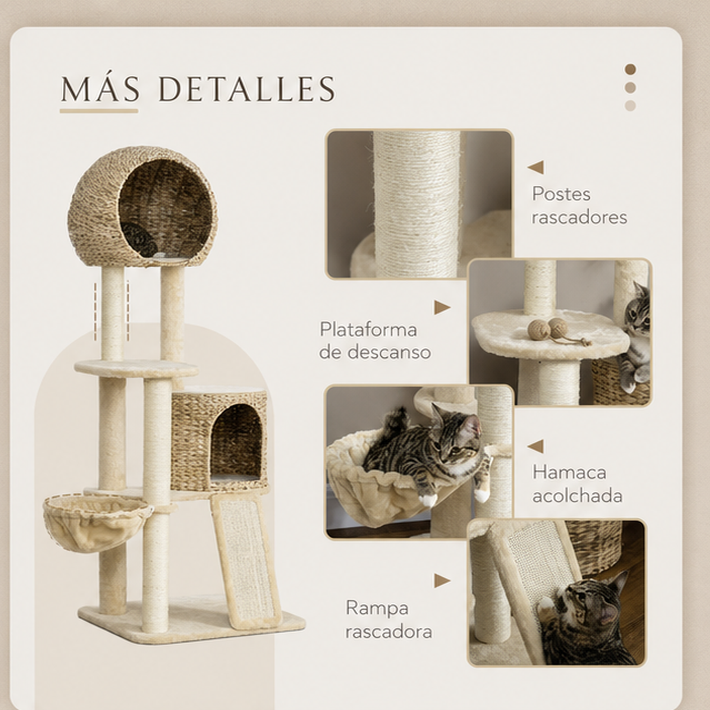 Torre Felina con Casita de Ratán Árbol Rascador con Hamaca y Mirador 150cm