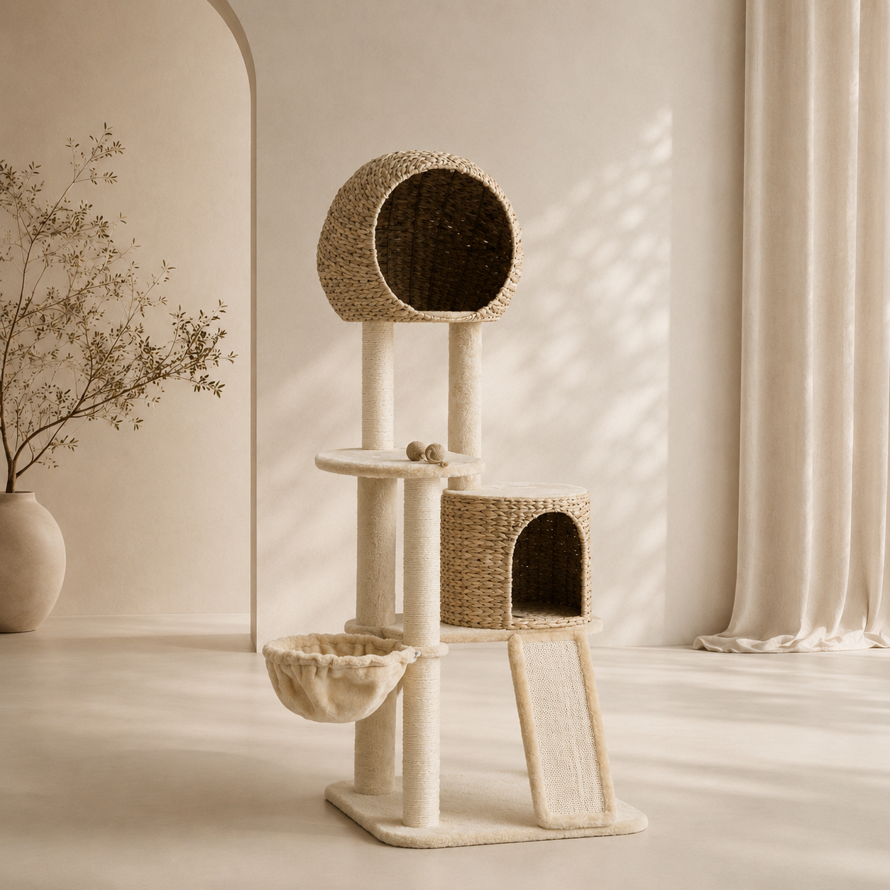 Torre Felina con Casita de Ratán Árbol Rascador con Hamaca y Mirador 150cm