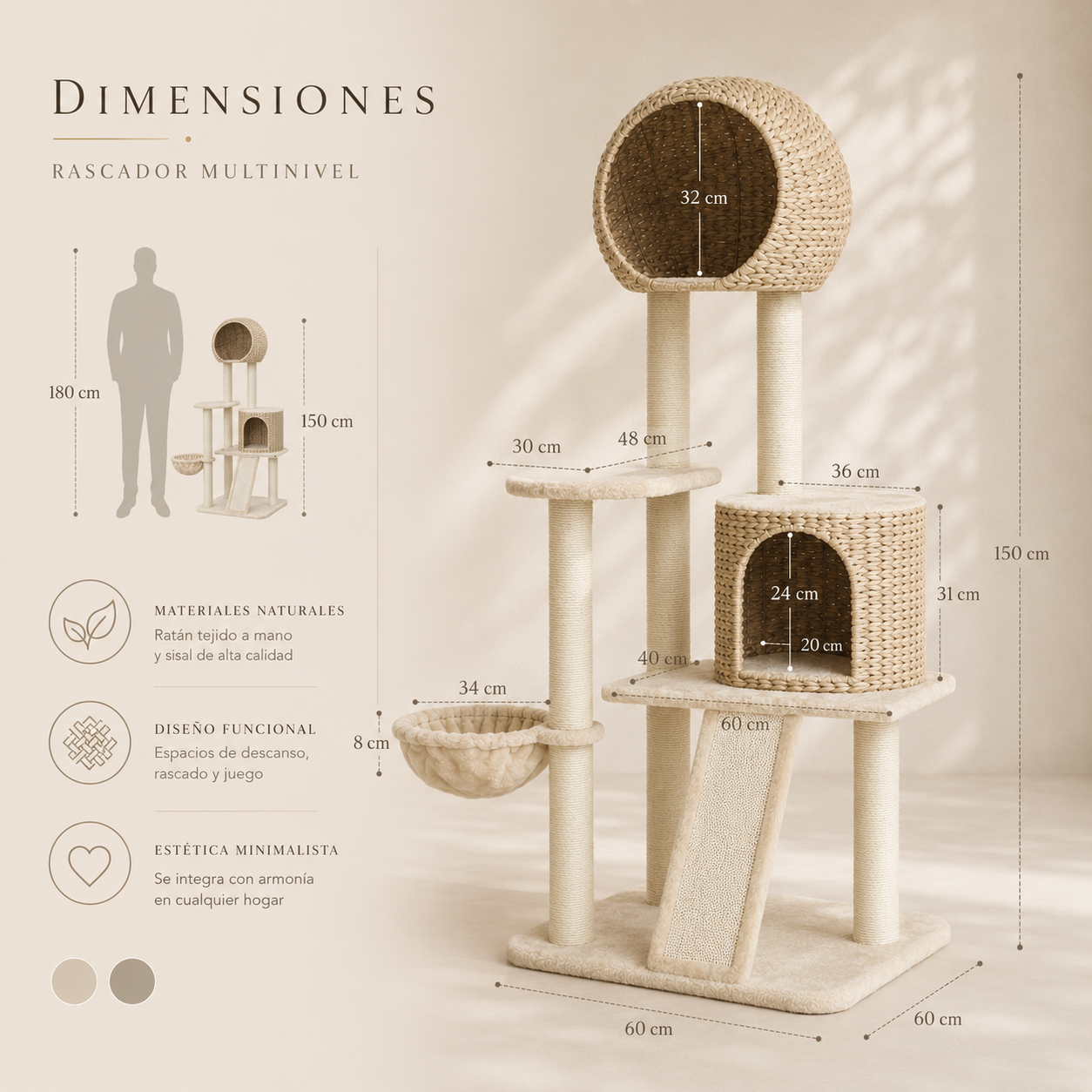 Torre Felina con Casita de Ratán Árbol Rascador con Hamaca y Mirador 150cm