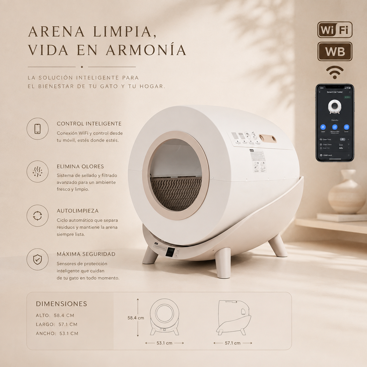 Smart Self-Cleaning Litter Box for Cats with WiFi and App – 80 L