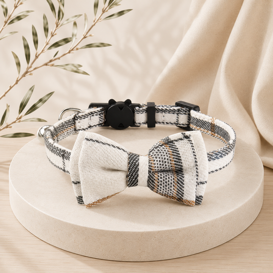 Adjustable Moka Plaid Bow Tie Cat Collar