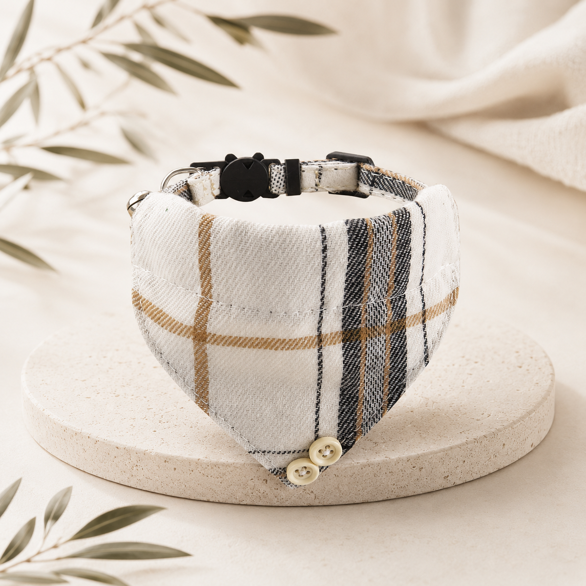 Adjustable Cat Collar with Mokka Plaid Bandana